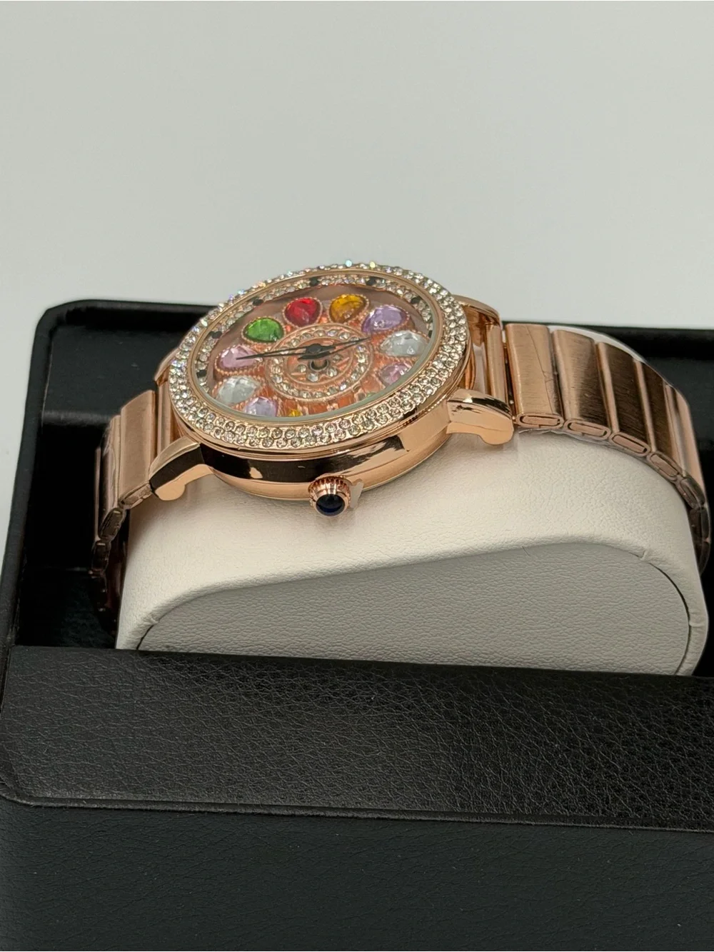 Rose Gold Women's Crystal Flower Dial Bracelet Watch - Multicolor Stones